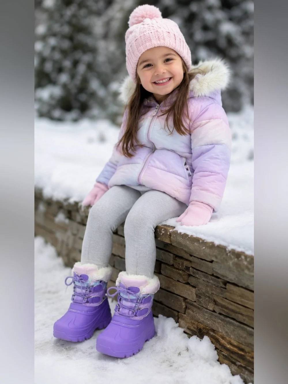 Kids Cozy Snow Boots in Lavender Faux-Fur Trim